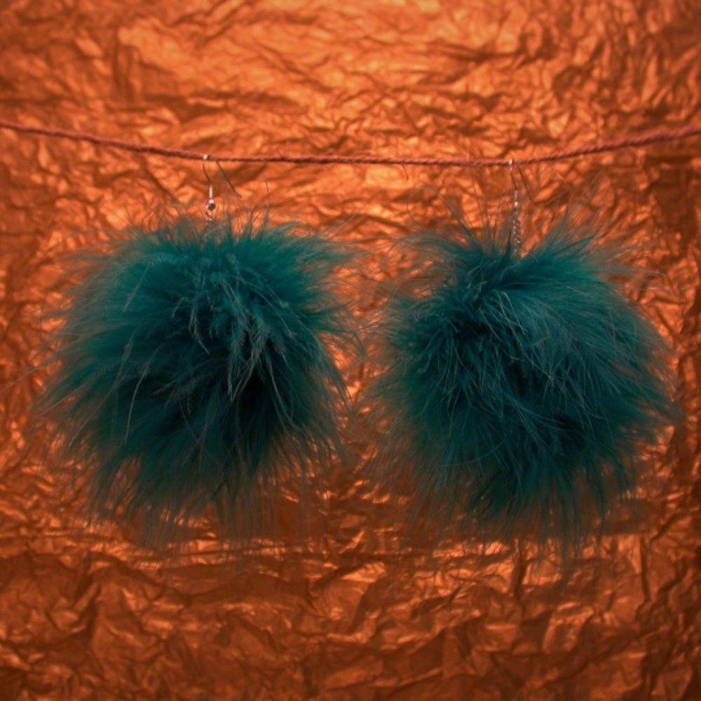 Teal Feather Pom Earrings